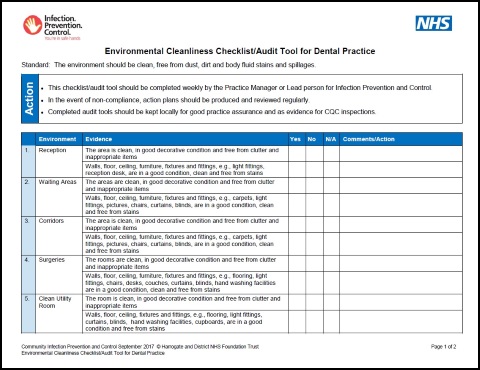 Environmental Cleanliness Checklist Audit Tool For Dental Practice Infection Prevention Control