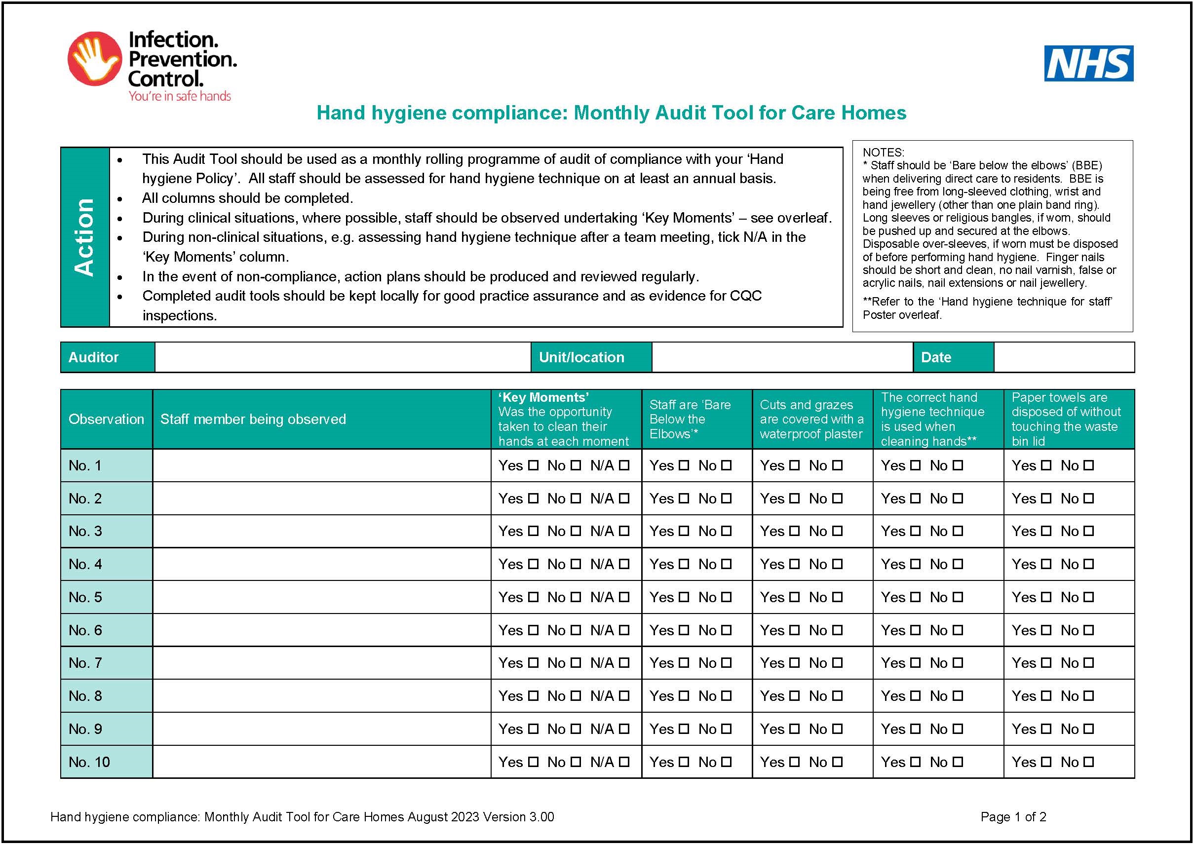 Hand hygiene compliance Monthly Audit Tool for Care Homes Infection