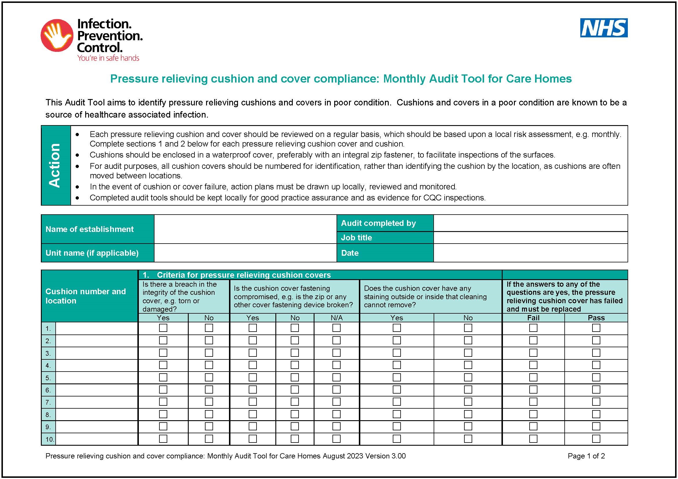 Pressure relieving cushion and cover compliance Monthly Audit Tool for