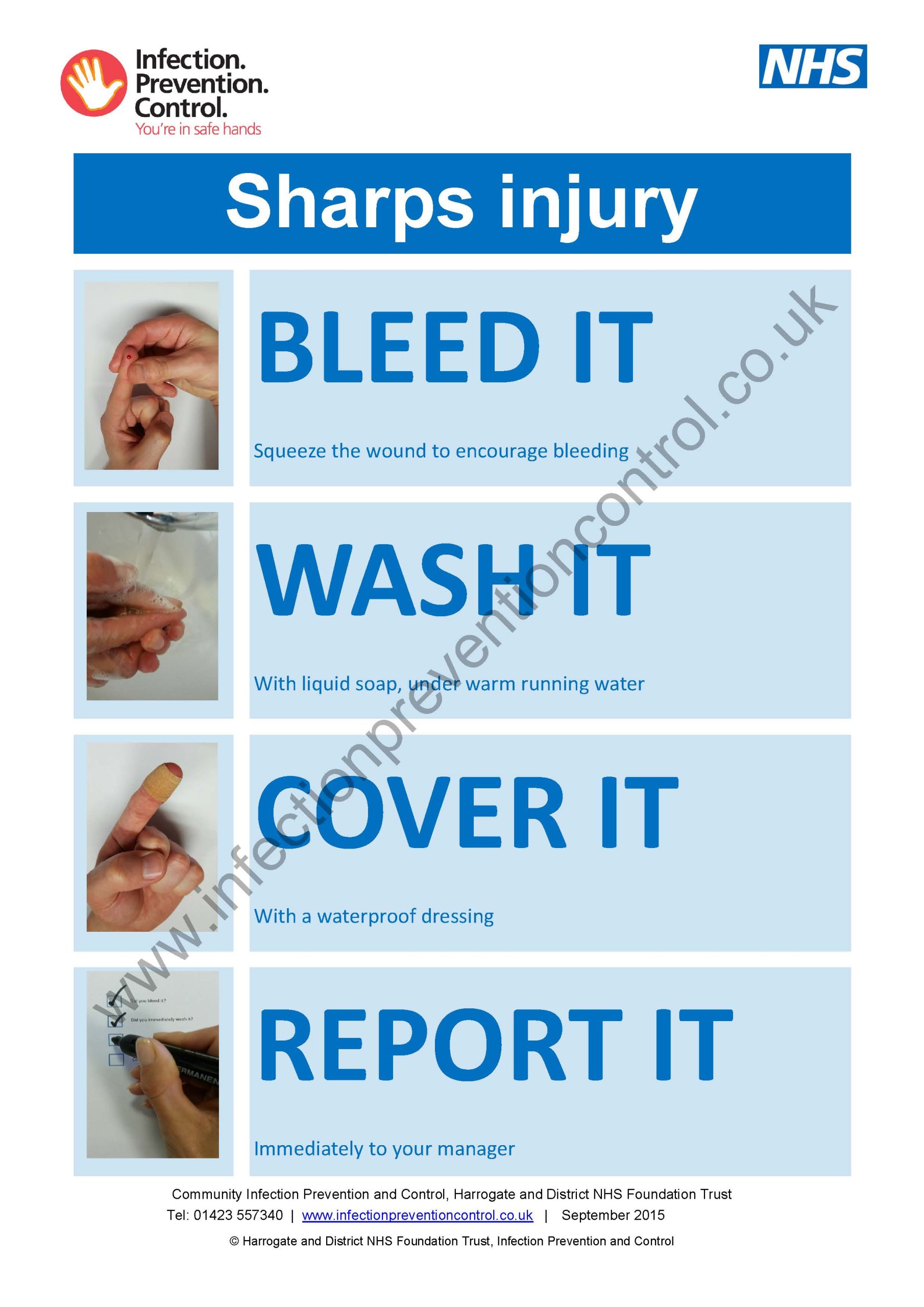 Sharps injury Poster (Bleed it, Wash it, Cover it, Report it