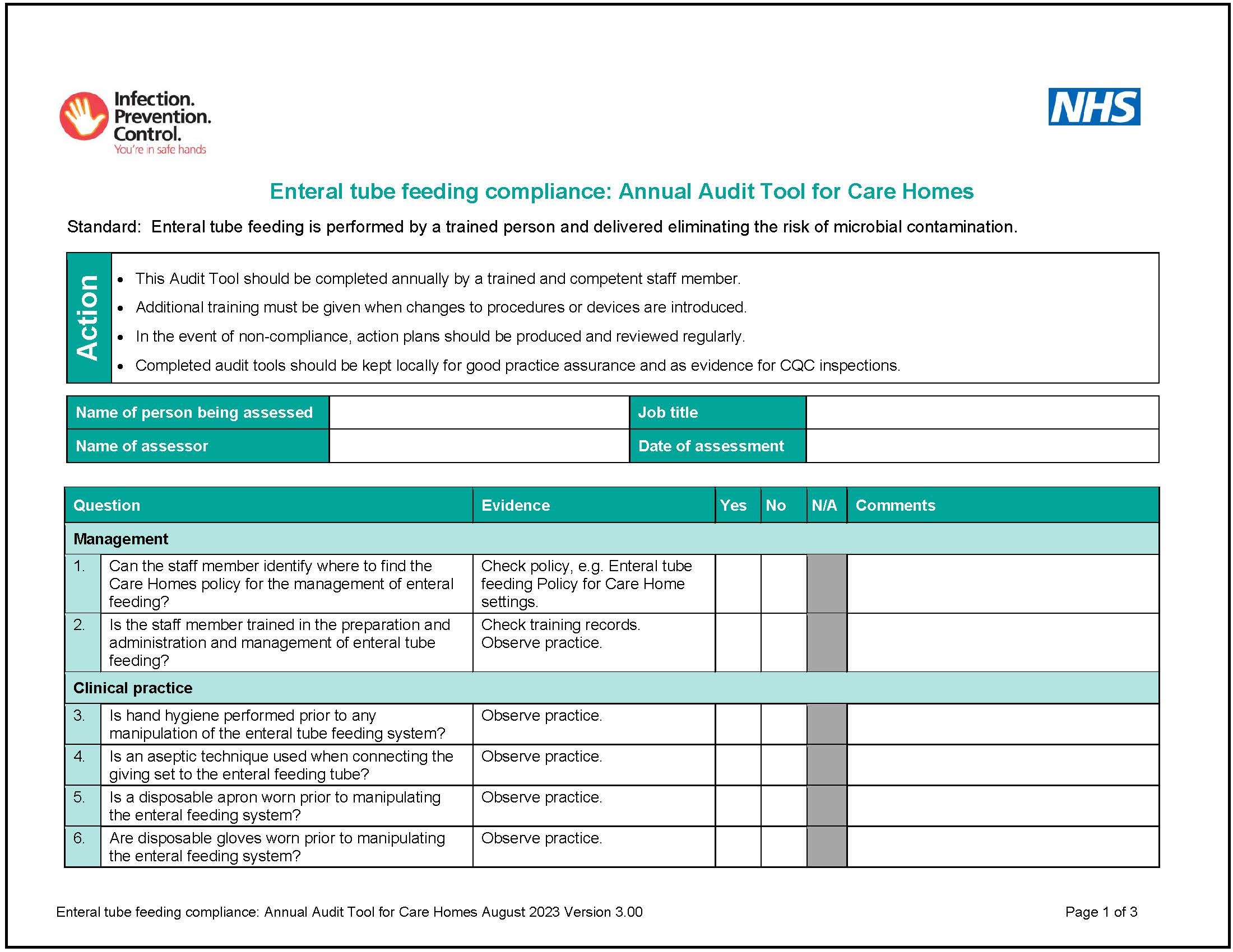 Enteral tube feeding compliance annual audit tool for care homes