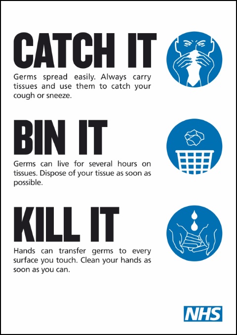 Catch It Bin It Kill It Corona Germ Sign Adhesive Sticker Notice Guideline 160mm